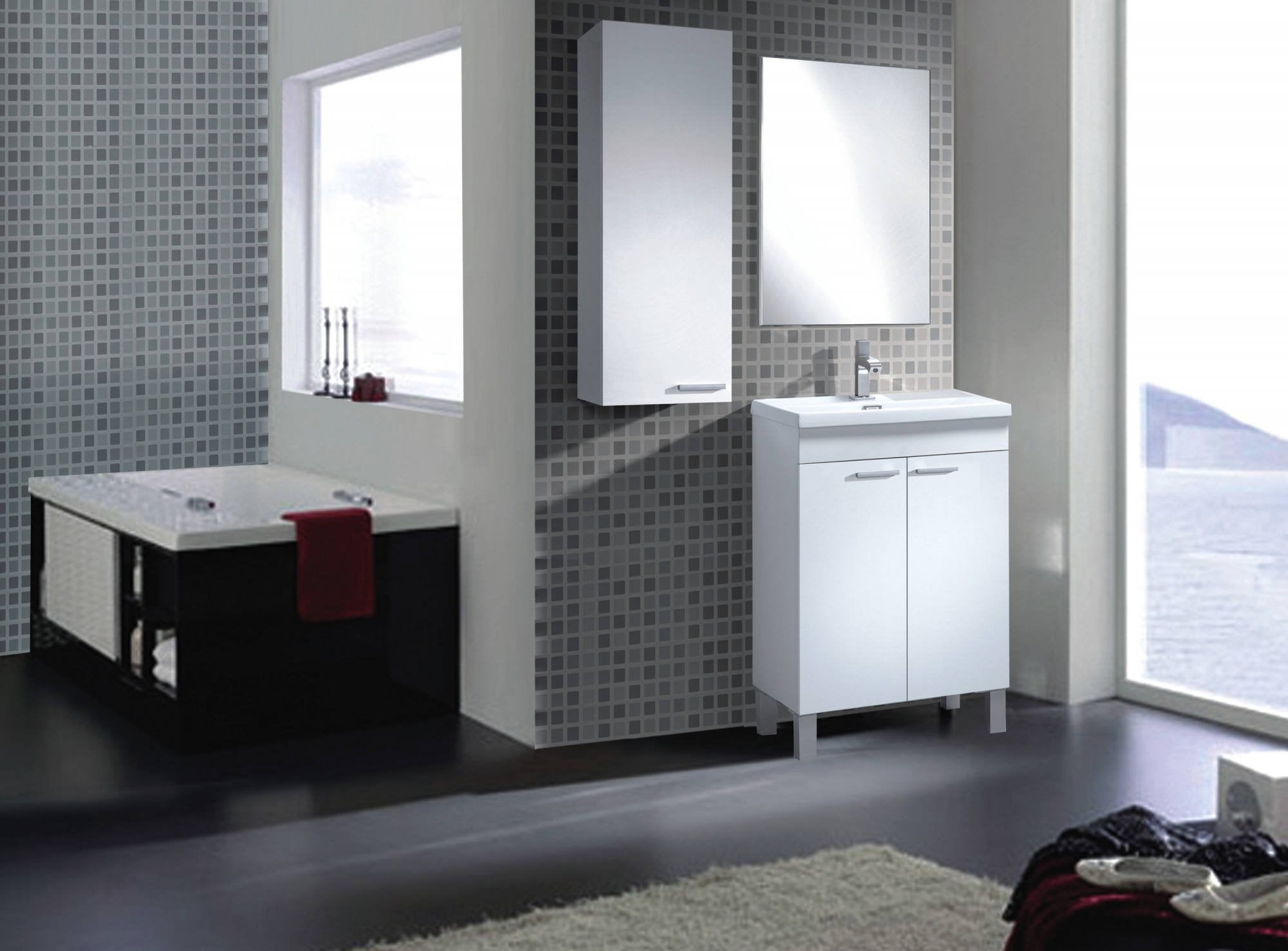 Mobile sottolavabo Almenia, Mobiletto per bagno, Armadio a 2 ante con specchio, lavabo non incluso, cm 50x40h80, Bianco