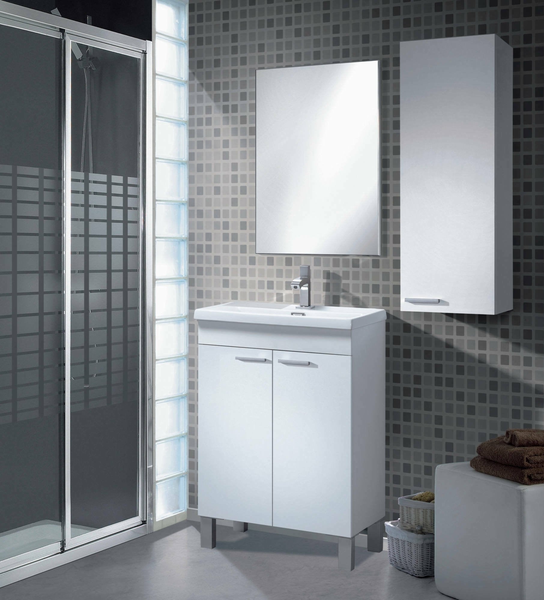 Mobile sottolavabo Almenia, Mobiletto per bagno, Armadio a 2 ante con specchio, lavabo non incluso, cm 50x40h80, Bianco