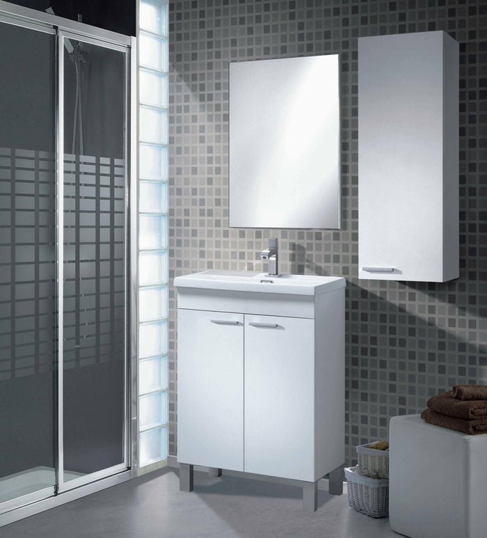 Mobile sottolavabo Almenia, Mobiletto per bagno, Armadio a 2 ante con specchio, lavabo non incluso, cm 50x40h80, Bianco