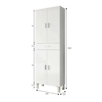 Armadio multiuso Amiga, Mobile per bagno o lavanderia a 4 ante e 1 cassetto, Armadio multiuso portascarpe, cm 60x29h182, Bianco lucido