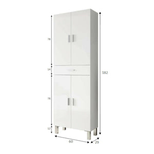 Armadio multiuso Amiga, Mobile per bagno o lavanderia a 4 ante e 1 cassetto, Armadio multiuso portascarpe, cm 60x29h182, Bianco lucido