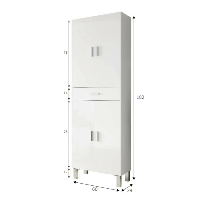 Armadio multiuso Amiga, Mobile per bagno o lavanderia a 4 ante e 1 cassetto, Armadio multiuso portascarpe, cm 60x29h182, Bianco lucido