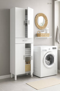 Armadio multiuso Amiga, Mobile per bagno o lavanderia a 4 ante e 1 cassetto, Armadio multiuso portascarpe, cm 60x29h182, Bianco lucido