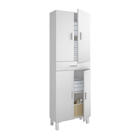 Armadio multiuso Amiga, Mobile per bagno o lavanderia a 4 ante e 1 cassetto, Armadio multiuso portascarpe, cm 60x29h182, Bianco lucido