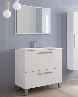 Mobile sottolavabo Abel, Mobiletto per bagno, Armadio a 2 cassetti e specchio, lavabo non incluso, cm 80x45h80, Bianco lucido