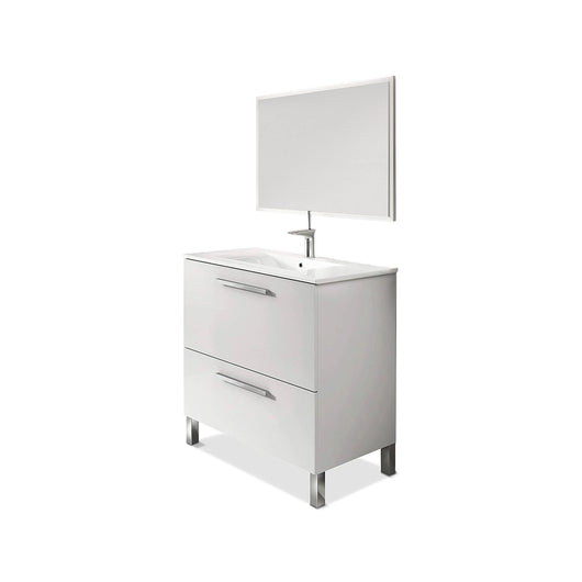 Mobile sottolavabo Abel, Mobiletto per bagno, Armadio a 2 cassetti e specchio, lavabo non incluso, cm 80x45h80, Bianco lucido