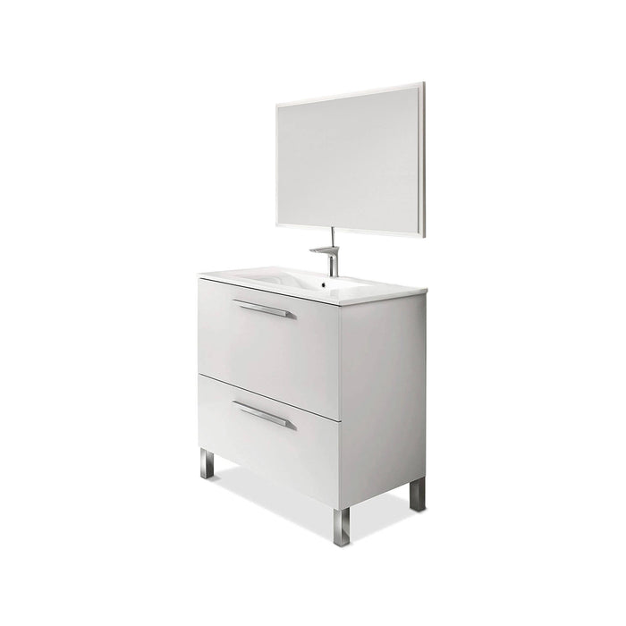 Mobile sottolavabo Abel, Mobiletto per bagno, Armadio a 2 cassetti e specchio, lavabo non incluso, cm 80x45h80, Bianco lucido