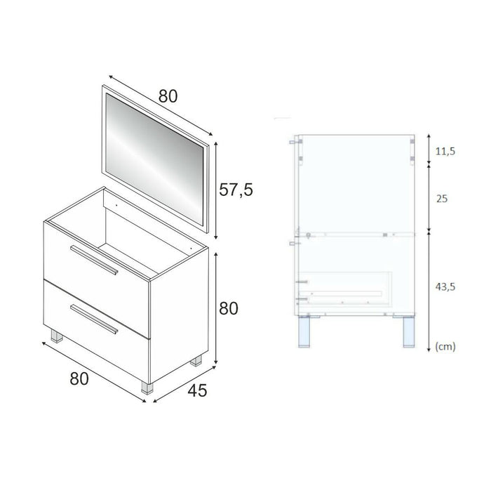 Mobile sottolavabo Abel, Mobiletto per bagno, Armadio a 2 cassetti e specchio, lavabo non incluso, cm 80x45h80, Bianco lucido