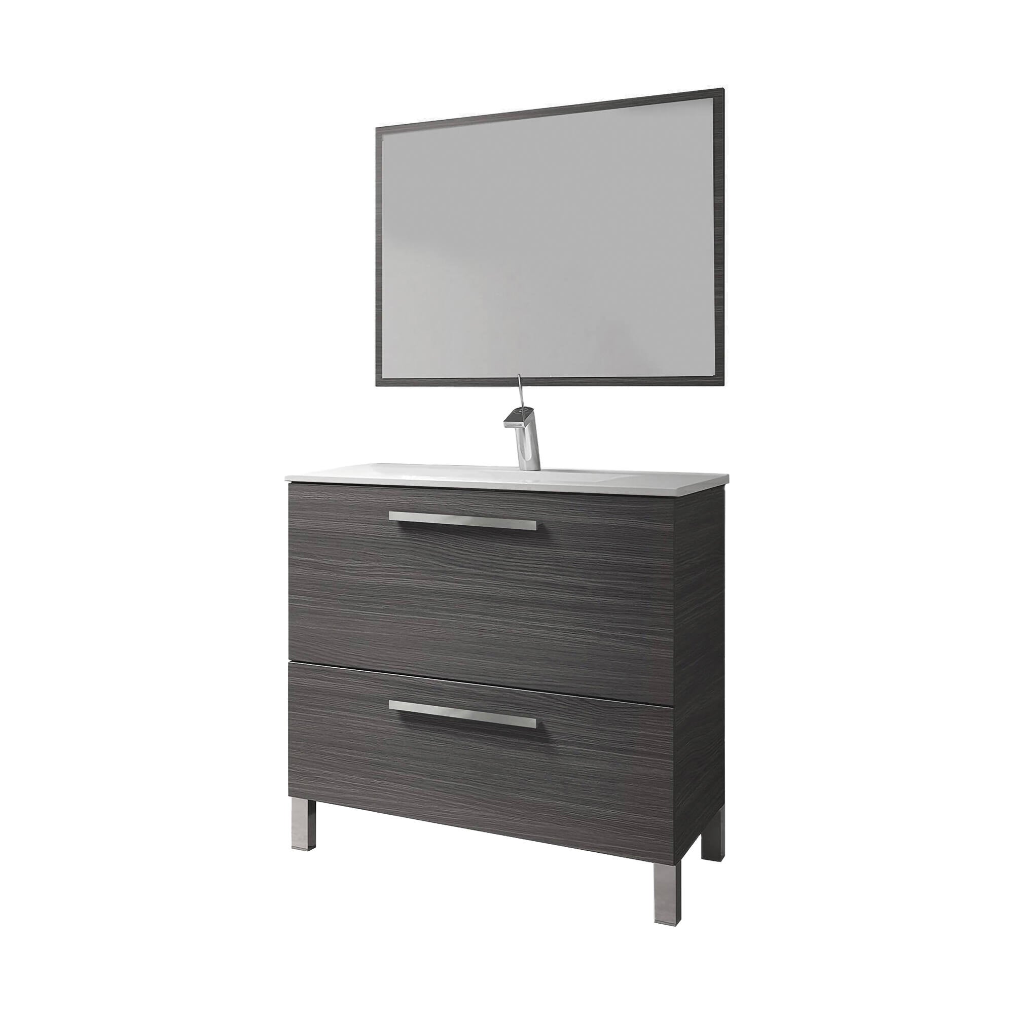 Mobile sottolavabo Abel, Mobiletto per bagno, Armadio a 2 cassetti e specchio, lavabo non incluso, cm 80x45h80, Grigio cenere