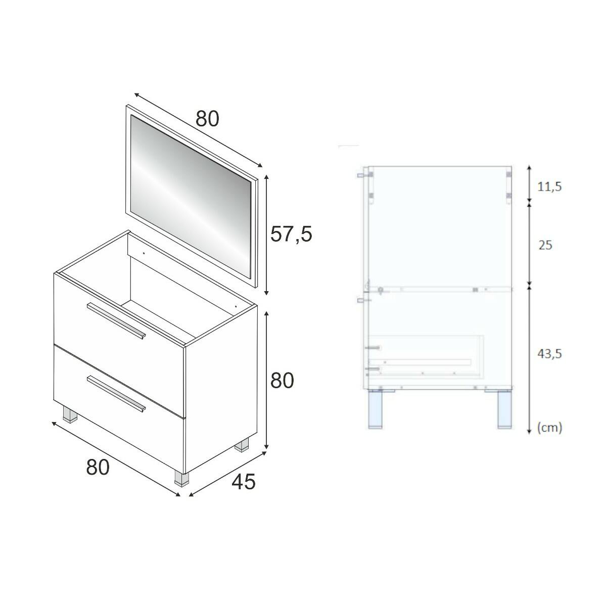 Mobile sottolavabo Abel, Mobiletto per bagno, Armadio a 2 cassetti e specchio, lavabo non incluso, cm 80x45h80, Grigio cenere