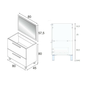 Mobile sottolavabo Abel, Mobiletto per bagno, Armadio a 2 cassetti e specchio, lavabo non incluso, cm 80x45h80, Grigio cenere