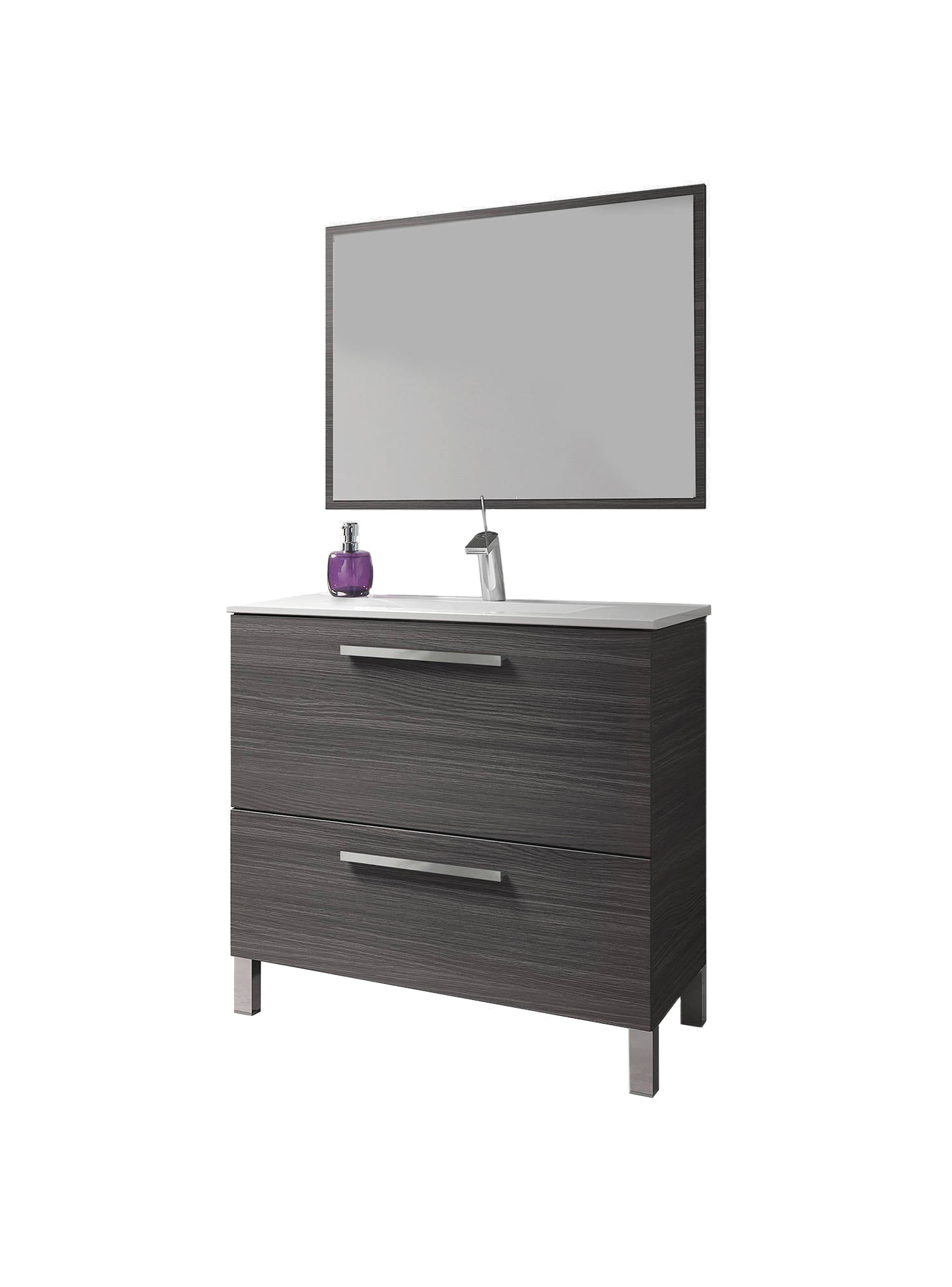 Mobile sottolavabo Abel, Mobiletto per bagno, Armadio a 2 cassetti e specchio, lavabo non incluso, cm 80x45h80, Grigio cenere