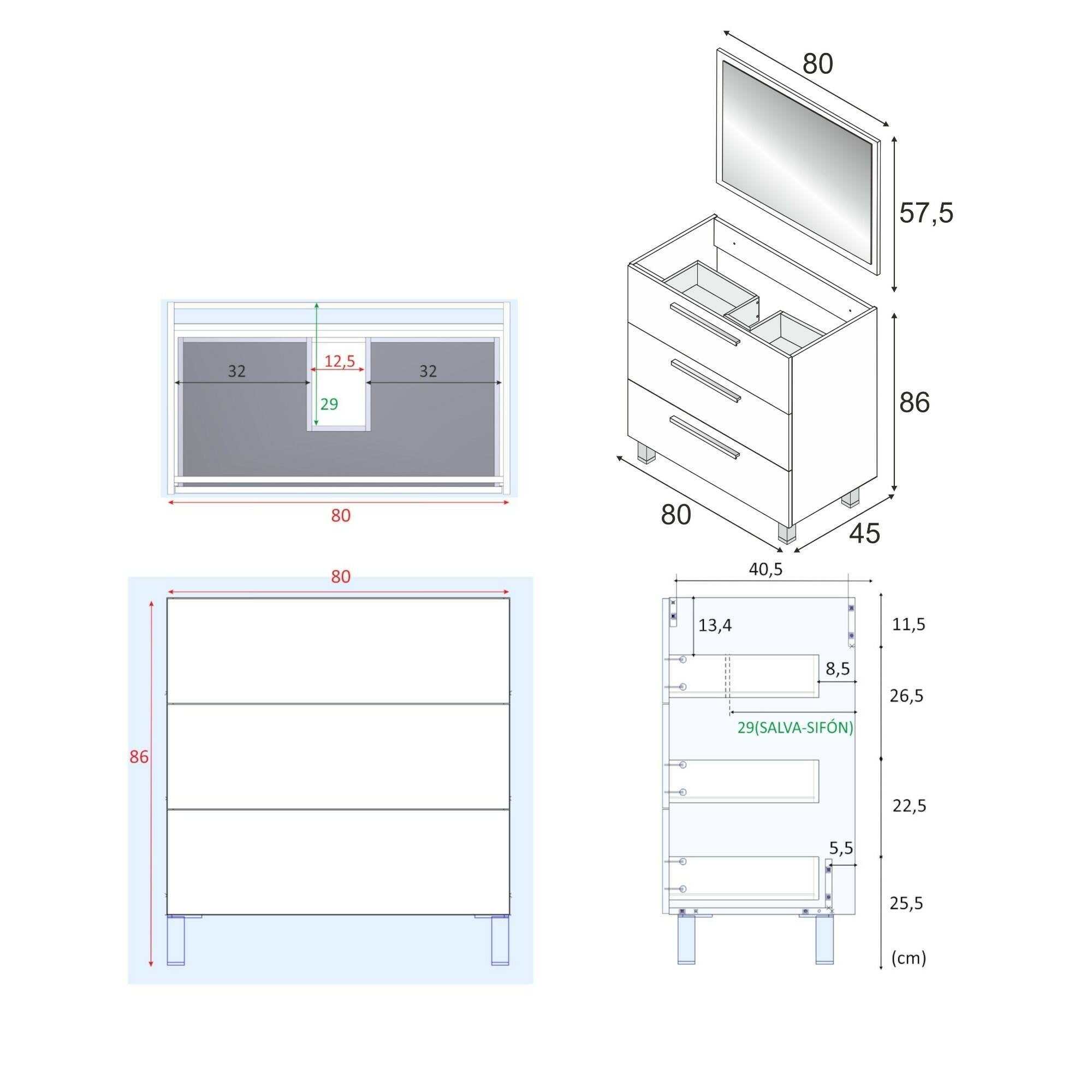 Mobile sottolavabo Elleboro, Mobiletto per bagno, Armadio a 3 cassetti e specchio, lavabo non incluso, cm 80x45h86, Bianco lucido