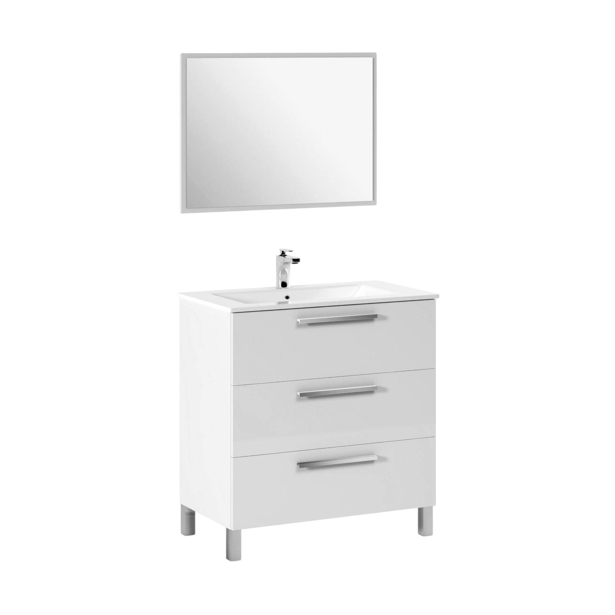 Mobile sottolavabo Elleboro, Mobiletto per bagno, Armadio a 3 cassetti e specchio, lavabo non incluso, cm 80x45h86, Bianco lucido