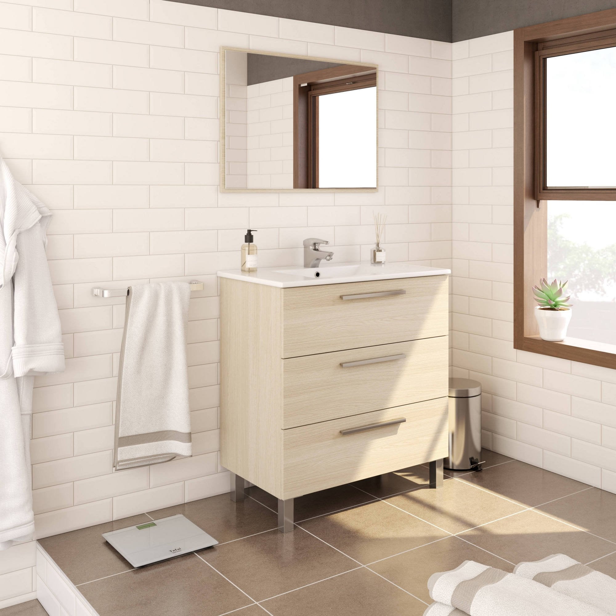 Mobile sottolavabo Elleboro, Mobiletto per bagno, Armadio a 3 cassetti e specchio, lavabo non incluso, 80x45h86 cm, Rovere