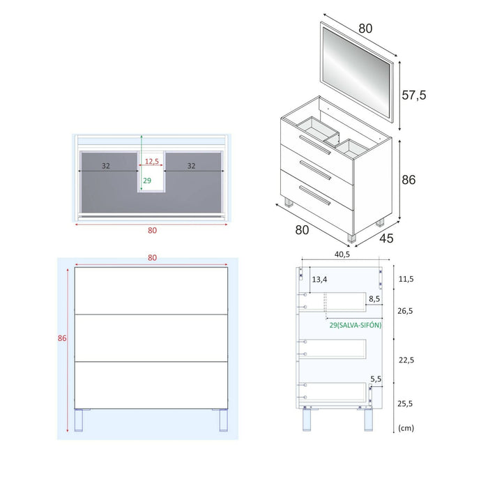 Mobile sottolavabo Elleboro, Mobiletto per bagno, Armadio a 3 cassetti e specchio, lavabo non incluso, 80x45h86 cm, Rovere