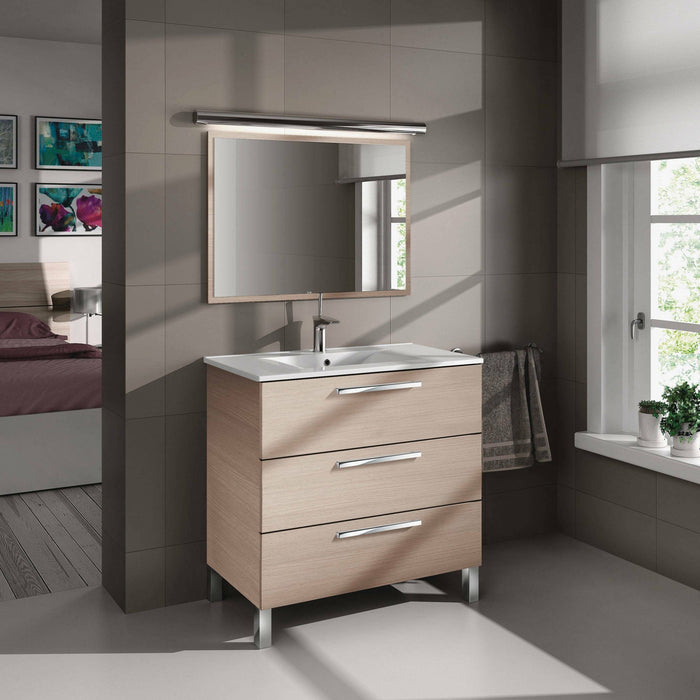 Mobile sottolavabo Elleboro, Mobiletto per bagno, Armadio a 3 cassetti e specchio, lavabo non incluso, 80x45h86 cm, Rovere