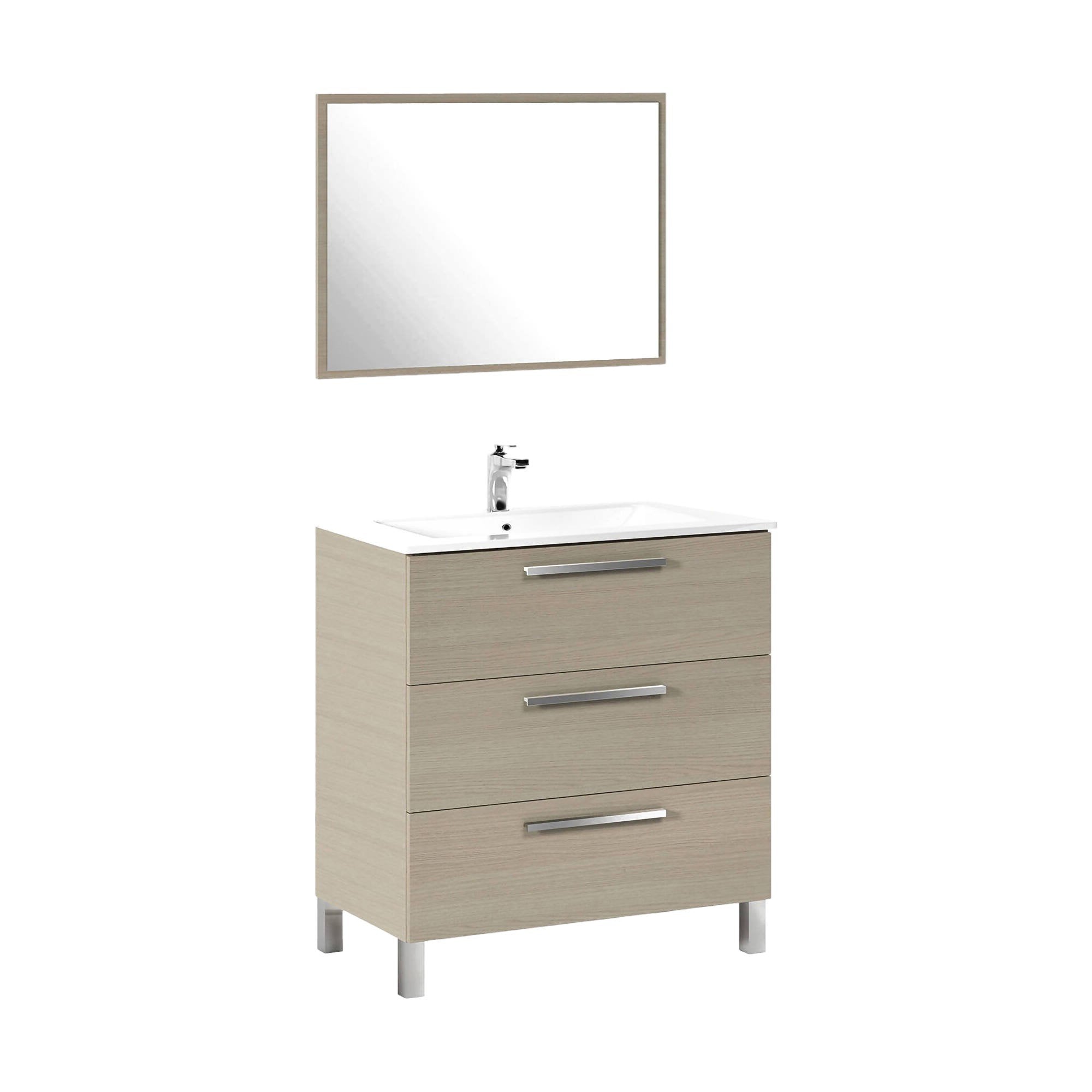 Mobile sottolavabo Elleboro, Mobiletto per bagno, Armadio a 3 cassetti e specchio, lavabo non incluso, 80x45h86 cm, Rovere
