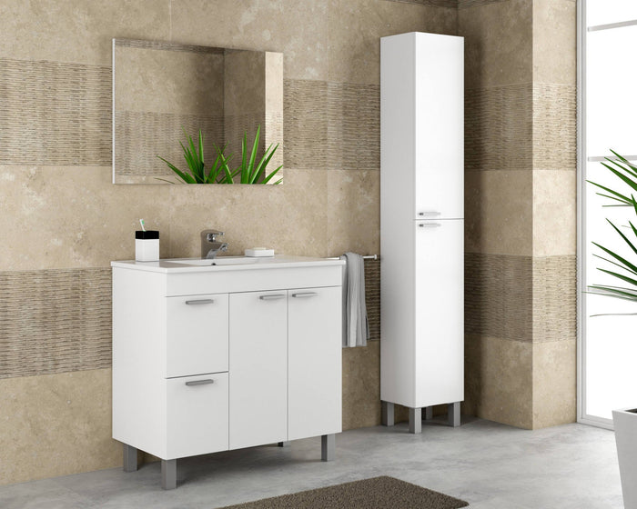 Mobile sottolavabo Aracth, Mobiletto per bagno, Armadio a 2 ante e due cassetti con specchio, lavabo non incluso, cm 80x45h80, Bianco lucido