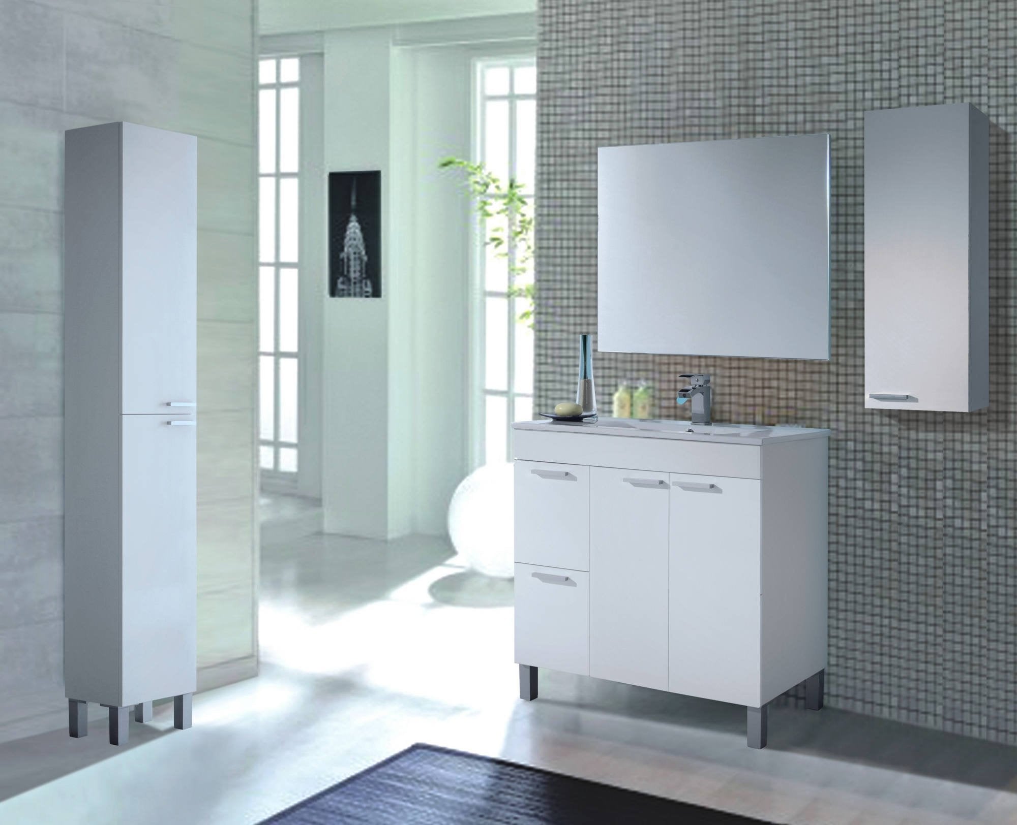 Mobile sottolavabo Aracth, Mobiletto per bagno, Armadio a 2 ante e due cassetti con specchio, lavabo non incluso, cm 80x45h80, Bianco lucido