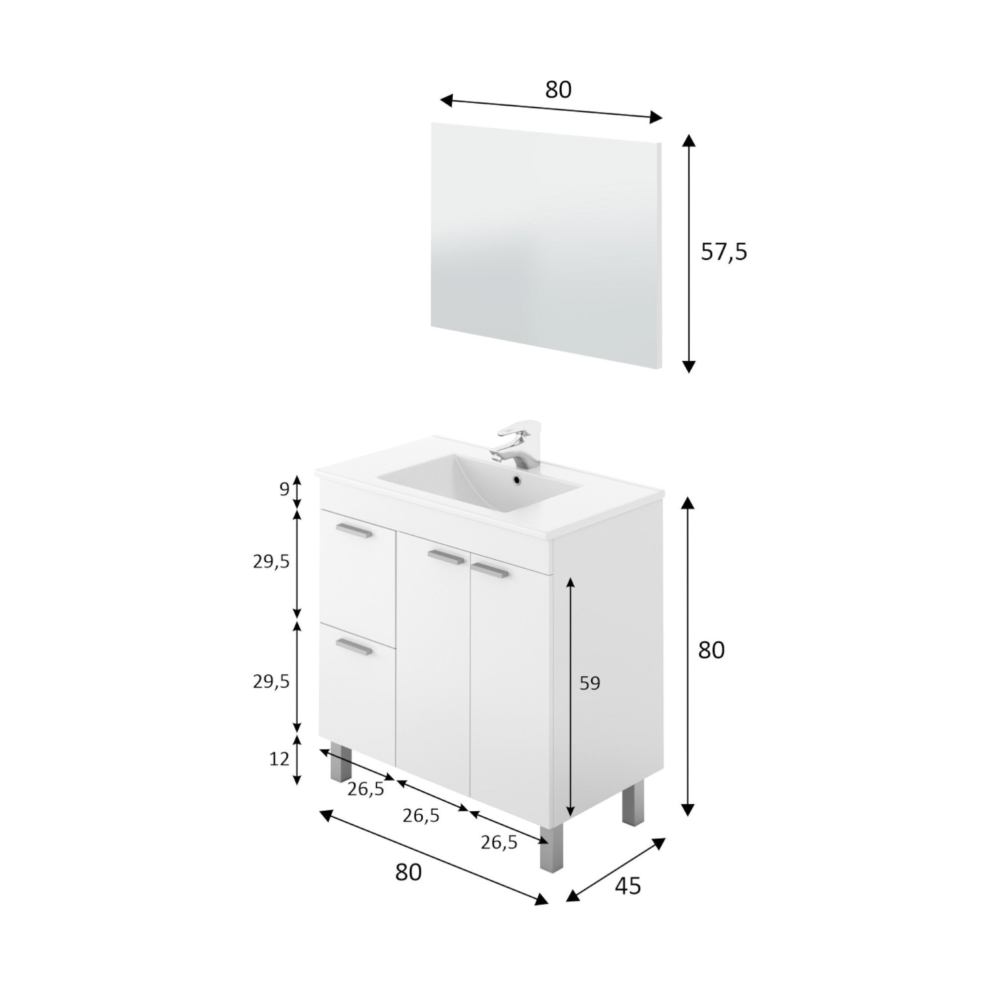 Mobile sottolavabo Aracth, Mobiletto per bagno, Armadio a 2 ante e due cassetti con specchio, lavabo non incluso, cm 80x45h80, Bianco lucido