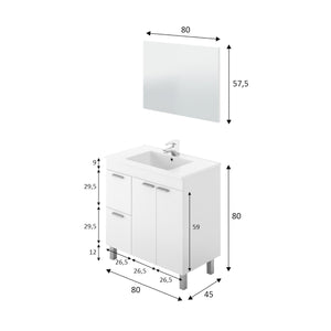 Mobile sottolavabo Aracth, Mobiletto per bagno, Armadio a 2 ante e due cassetti con specchio, lavabo non incluso, cm 80x45h80, Bianco lucido