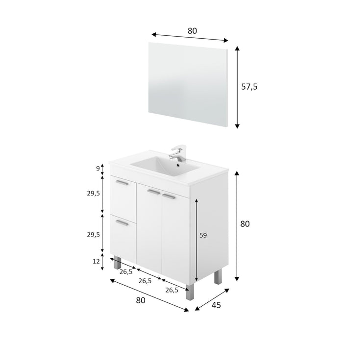 Mobile sottolavabo Aracth, Mobiletto per bagno, Armadio a 2 ante e due cassetti con specchio, lavabo non incluso, cm 80x45h80, Bianco lucido