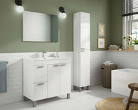 Mobile sottolavabo Aracth, Mobiletto per bagno, Armadio a 2 ante e due cassetti con specchio, lavabo non incluso, cm 80x45h80, Bianco lucido