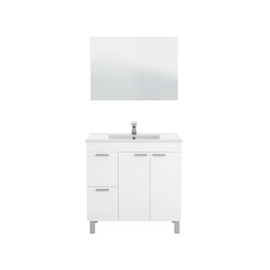 Mobile sottolavabo Aracth, Mobiletto per bagno, Armadio a 2 ante e due cassetti con specchio, lavabo non incluso, cm 80x45h80, Bianco lucido