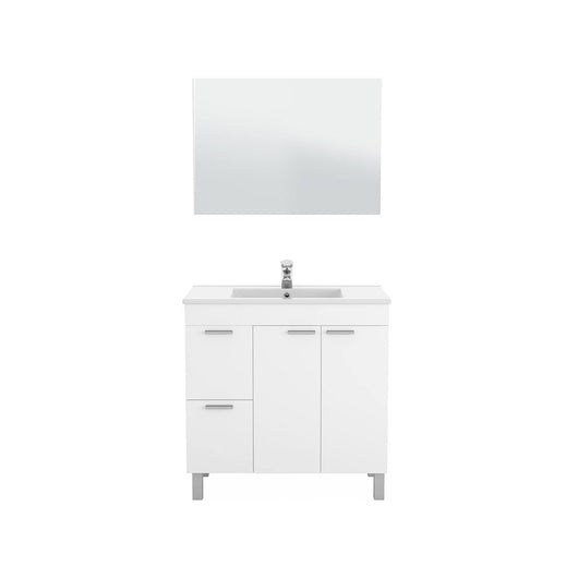 Mobile sottolavabo Aracth, Mobiletto per bagno, Armadio a 2 ante e due cassetti con specchio, lavabo non incluso, cm 80x45h80, Bianco lucido
