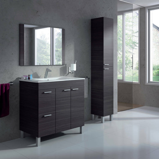Mobile sottolavabo Aracth, Mobiletto per bagno, Armadio a 2 ante e due cassetti con specchio, lavabo non incluso, cm 80x45h80, Grigio cenere