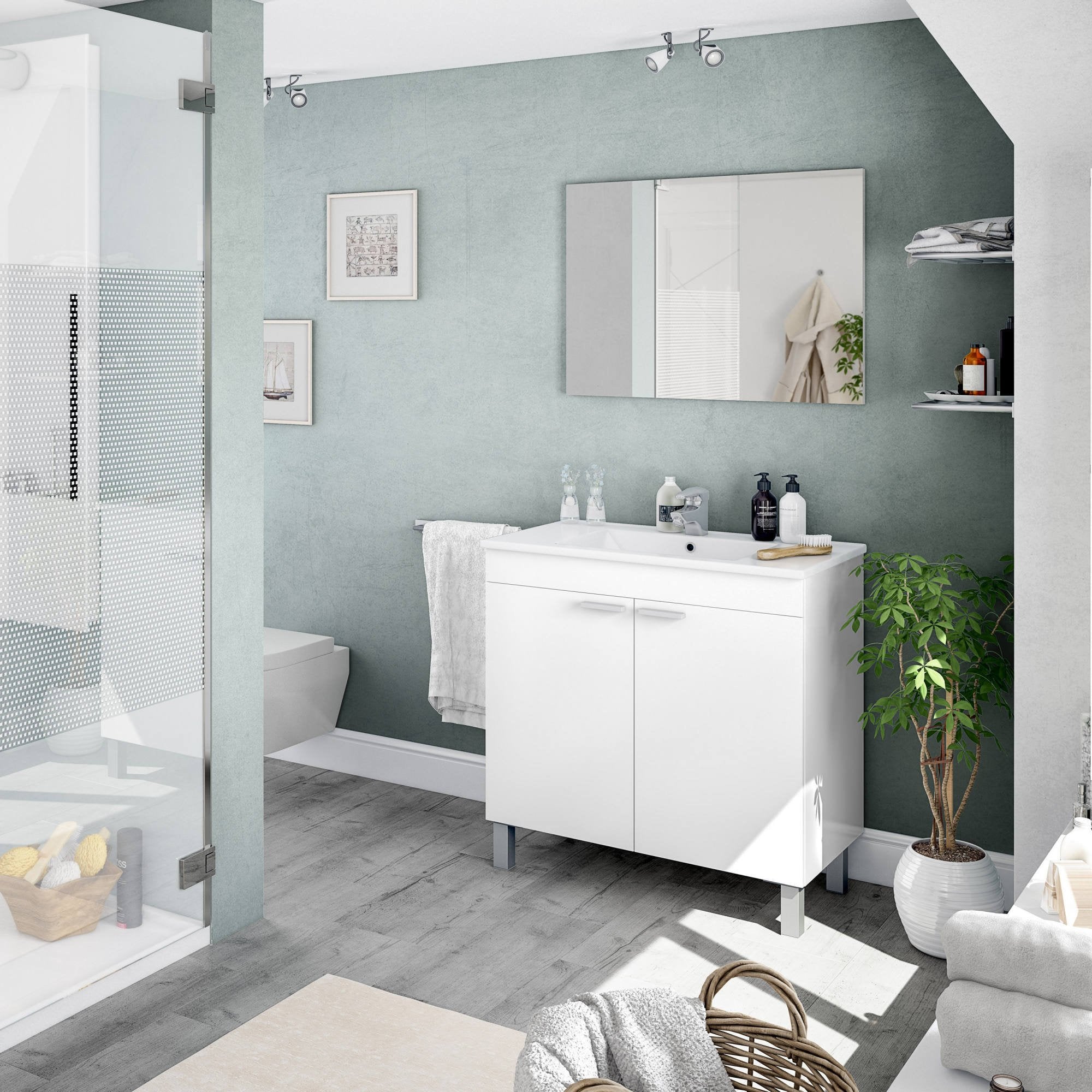 Mobile sottolavabo Alakin, Mobiletto per bagno a 2 ante, Armadietto da terra con specchio, lavabo non incluso, cm 80x45h80, Bianco