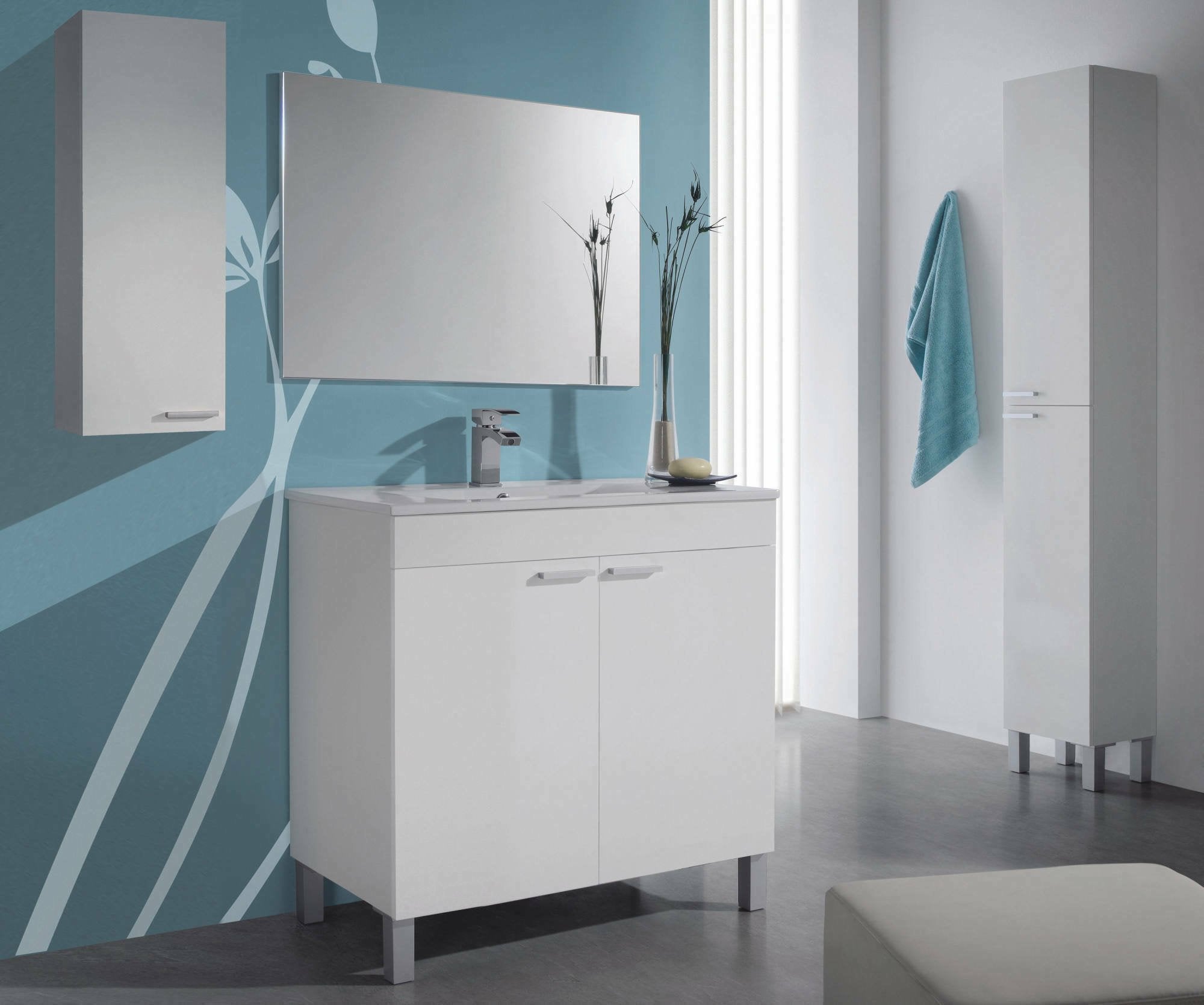 Mobile sottolavabo Alakin, Mobiletto per bagno a 2 ante, Armadietto da terra con specchio, lavabo non incluso, cm 80x45h80, Bianco