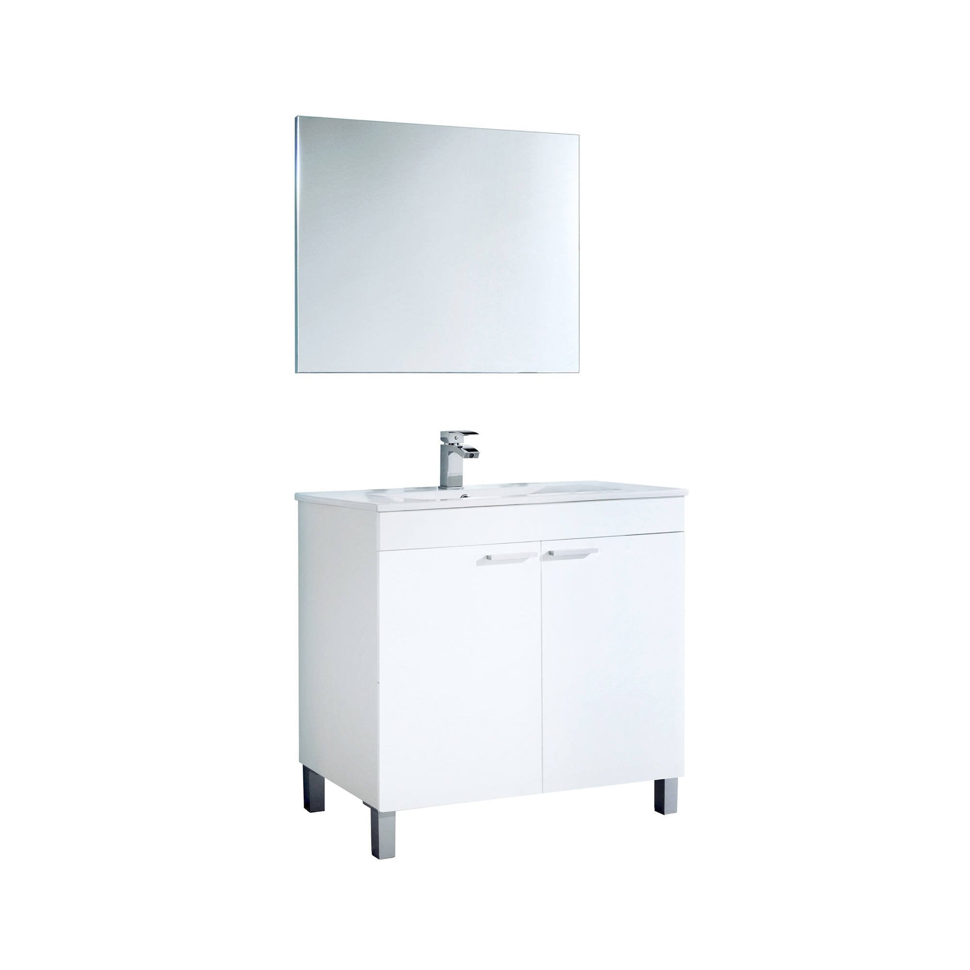 Mobile sottolavabo Alakin, Mobiletto per bagno a 2 ante, Armadietto da terra con specchio, lavabo non incluso, cm 80x45h80, Bianco