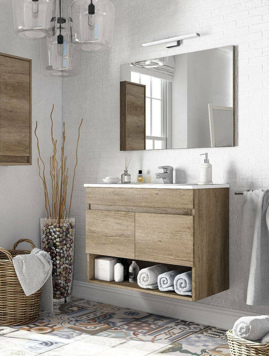 Mobile sottolavabo Enio, Mobiletto per bagno a 2 ante, Armadietto sospeso con ripiano e specchio, lavabo non incluso, cm 80x45h64, Quercia