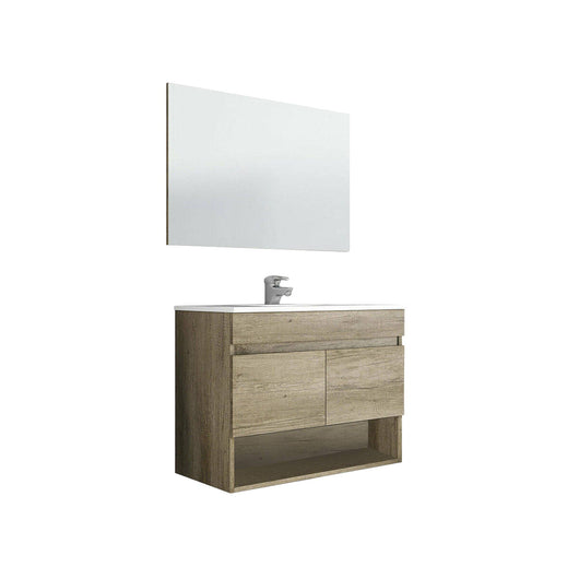 Mobile sottolavabo Enio, Mobiletto per bagno a 2 ante, Armadietto sospeso con ripiano e specchio, lavabo non incluso, cm 80x45h64, Quercia