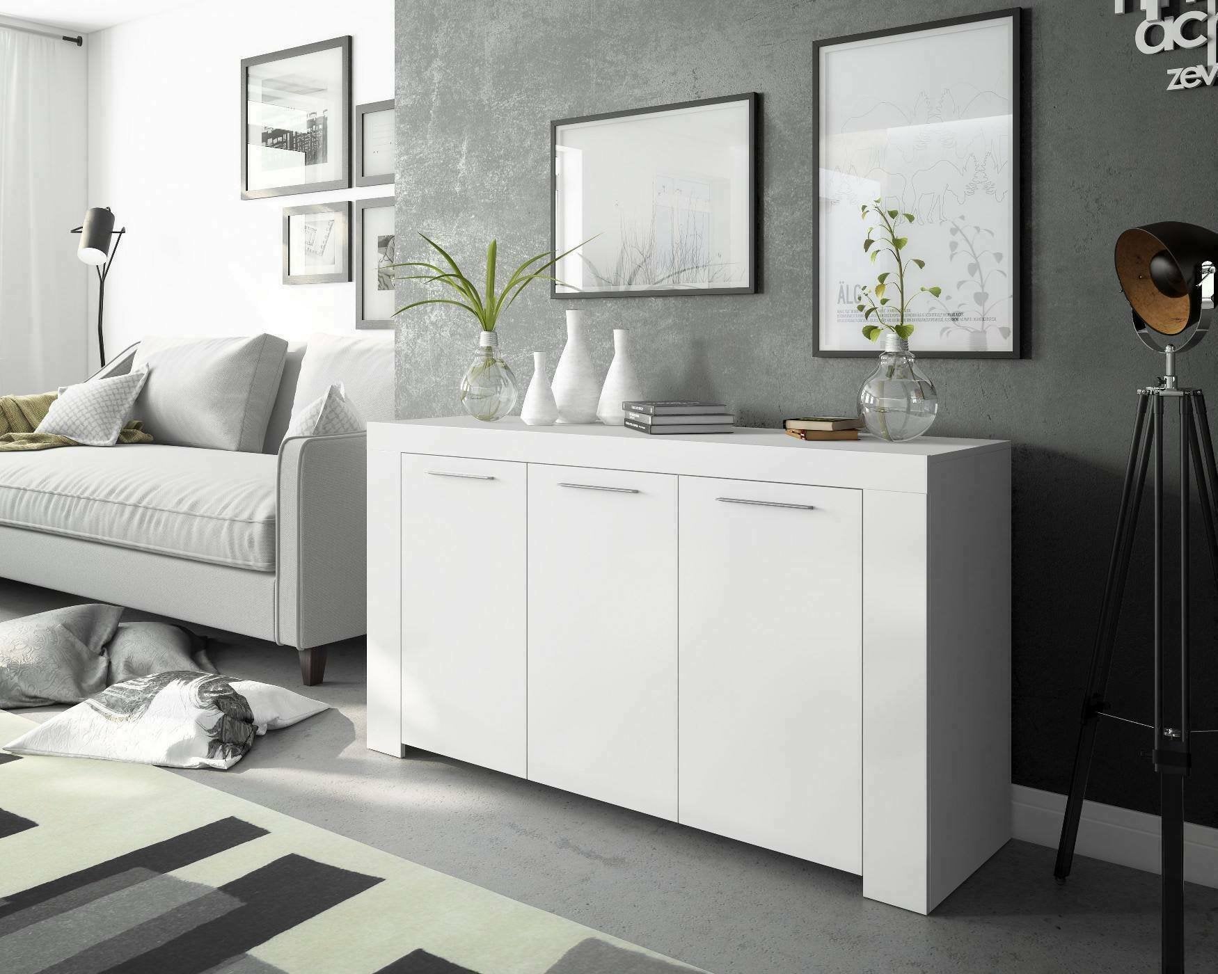 Credenza Amaculi, Madia moderna a 3 ante, Buffet da soggiorno, Mobile porta TV, Madia per salotto, cm 144x42h80, Bianco