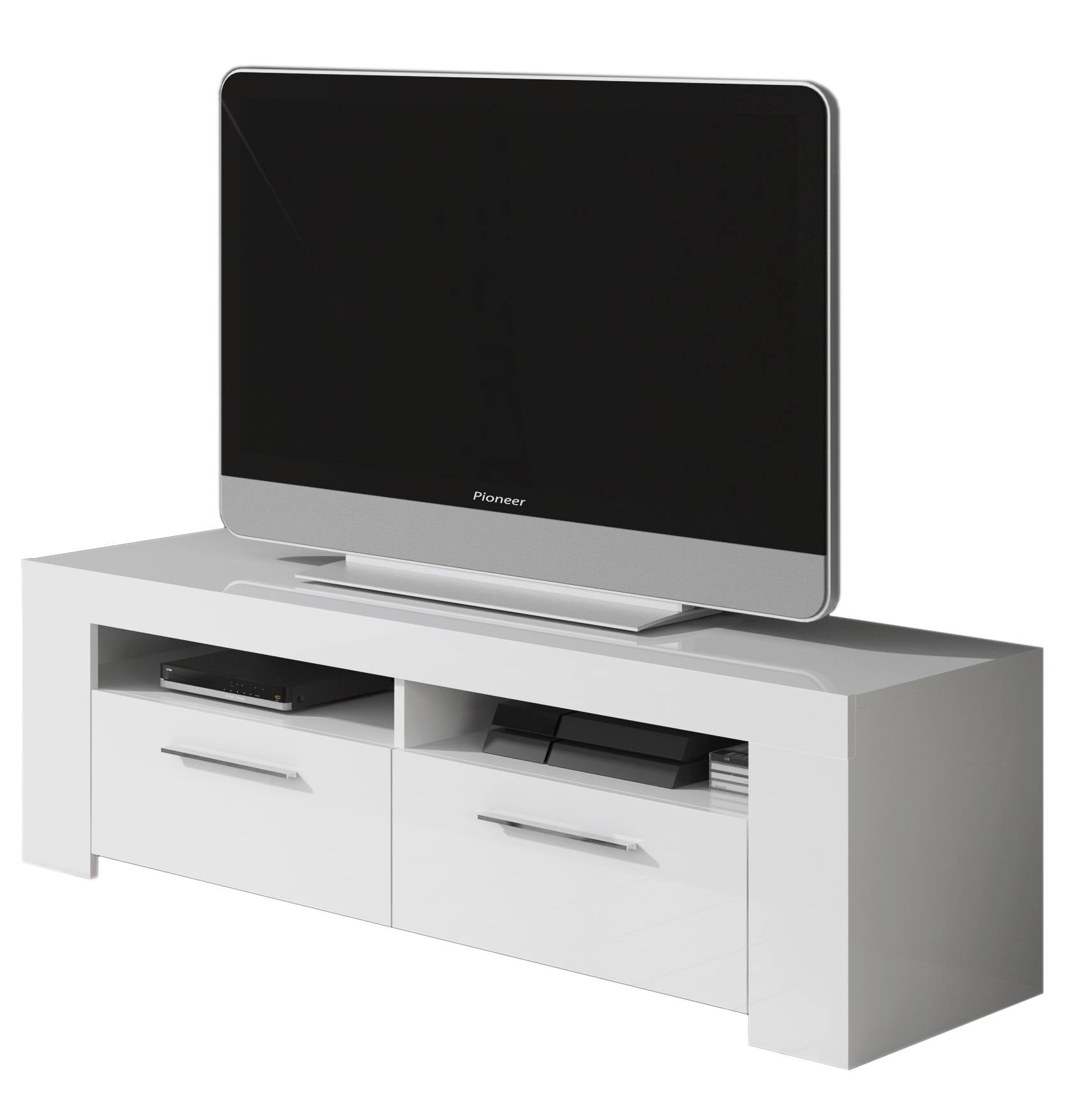 Mobile porta TV Sparaxis, Credenza per televisione da soggiorno, Supporto TV a 2 ante, Credenza bassa da salotto, cm 120x42h40, Bianco lucido