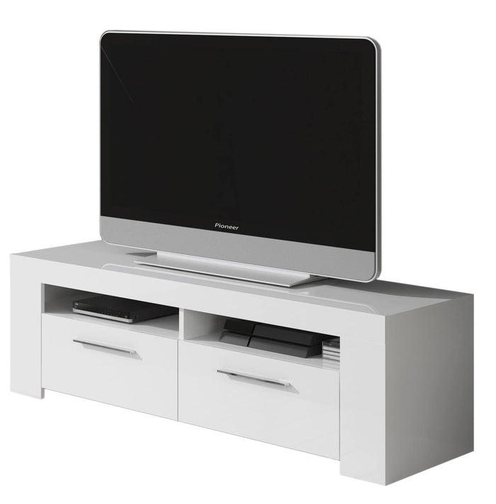 Mobile porta TV Sparaxis, Credenza per televisione da soggiorno, Supporto TV a 2 ante, Credenza bassa da salotto, cm 120x42h40, Bianco lucido