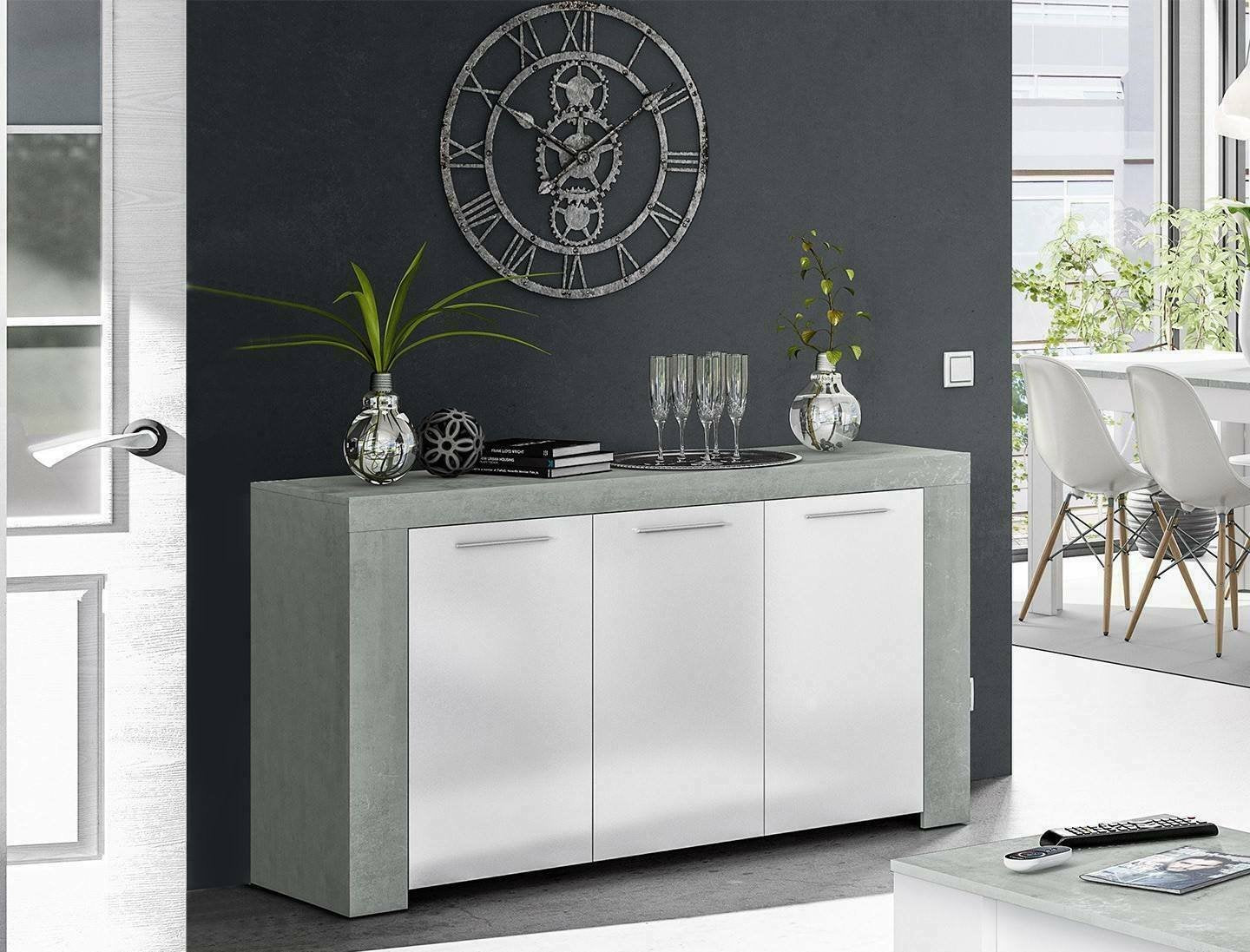 Credenza Amaculi, Madia moderna a 3 ante, Buffet da soggiorno, Mobile porta TV, Madia per salotto, cm 144x42h80, Cemento