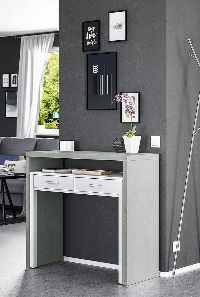 Consolle Andriy, Scrivania con piano estensibile, Scrittoio porta PC con 2 cassetti, cm 99x36h88, Cemento e Bianco