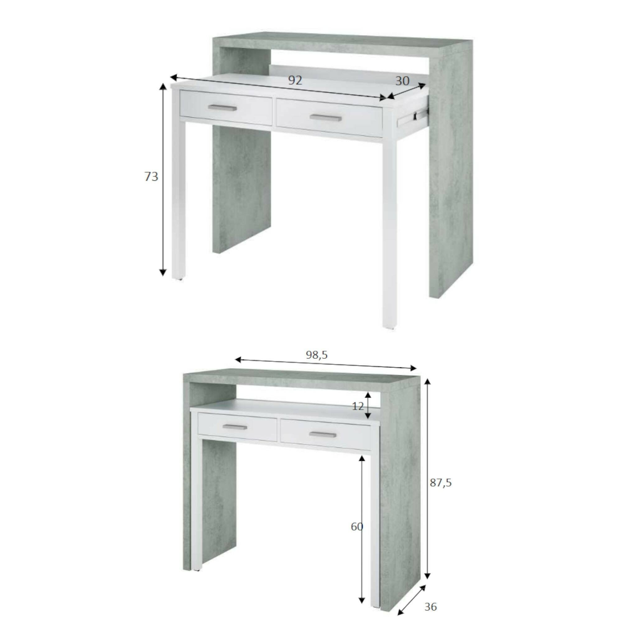 Consolle Andriy, Scrivania con piano estensibile, Scrittoio porta PC con 2 cassetti, cm 99x36h88, Cemento e Bianco