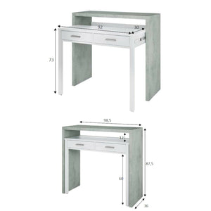 Consolle Andriy, Scrivania con piano estensibile, Scrittoio porta PC con 2 cassetti, cm 99x36h88, Cemento e Bianco