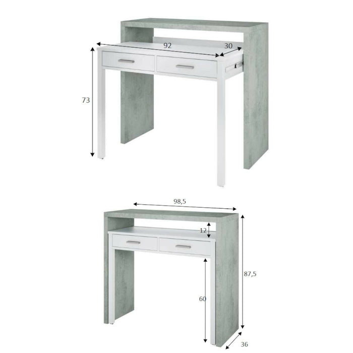 Consolle Andriy, Scrivania con piano estensibile, Scrittoio porta PC con 2 cassetti, cm 99x36h88, Cemento e Bianco