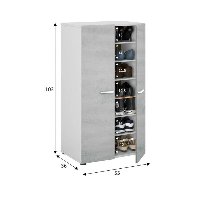 Armadio multiuso Arful, Armadio portascarpe a 2 ante, Mobile basso con 6 ripiani, Scarpiera bassa moderna, cm 55x36h103, Bianco e Cemento