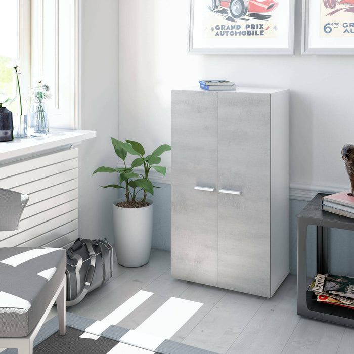 Armadio multiuso Arful, Armadio portascarpe a 2 ante, Mobile basso con 6 ripiani, Scarpiera bassa moderna, cm 55x36h103, Bianco e Cemento