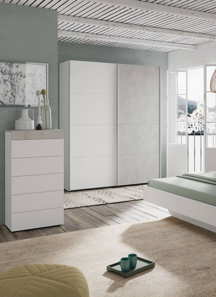 Cassettiera Armo, Settimanale a 5 cassetti, Mobile ComÒ² per camera da letto, ComÒ² moderno, cm 61x40h118, Bianco