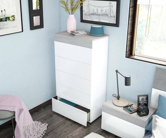 Cassettiera Armo, Settimanale a 5 cassetti, Mobile ComÒ² per camera da letto, ComÒ² moderno, cm 61x40h118, Bianco