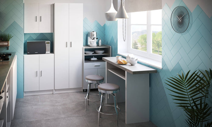 Carrello Akea, Mobile ausiliare per cucina con ruote, Armadio multiuso con 2 ante e 1 ripiano, cm 59x40h92, Bianco