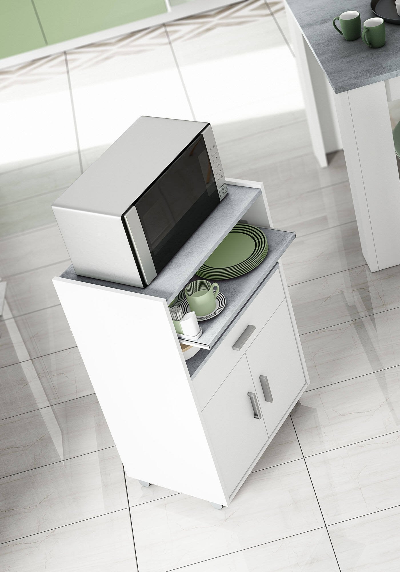 Carrello Akea, Mobile ausiliare per cucina con ruote, Armadio multiuso con 2 ante e 1 ripiano, cm 59x40h92, Bianco